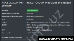 Давлат реестридан олинган ҳужжатга кўра, "KAZ DEVELOPMENT INVEST GROUP" МЧЖ 2018 йилда ташкил этилган. Манзили Хива шаҳрида .